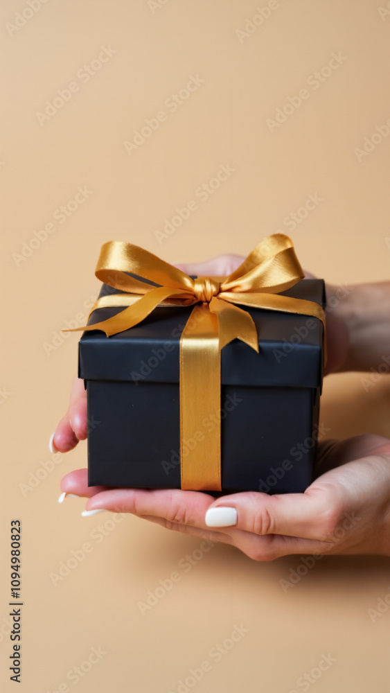 Elegant Gift Box with Golden Bow Held by Feminine Hands: Perfect for Holiday Promotions or Luxury Brand Advertising Elegant Gift Box with Golden Bow Held by Feminine Hands: Perfect for Holiday Promotions or Luxury Brand Advertising