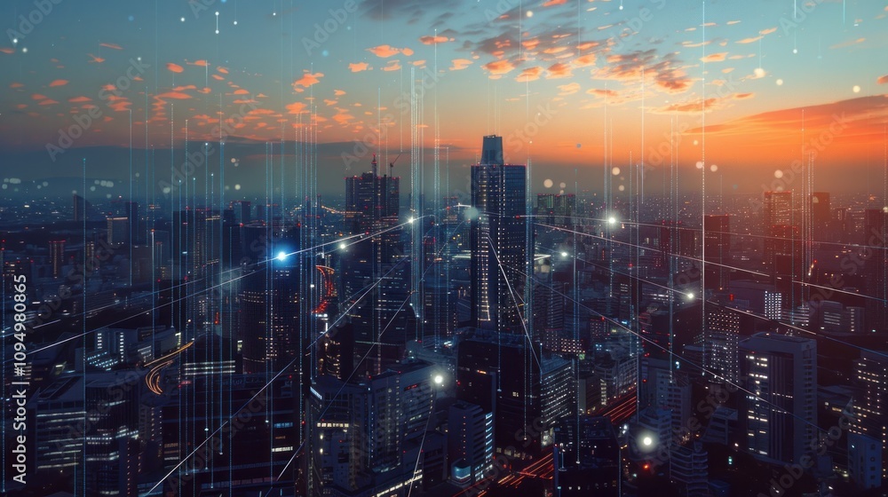 Fototapeta premium Digital Cityscape at Sunset