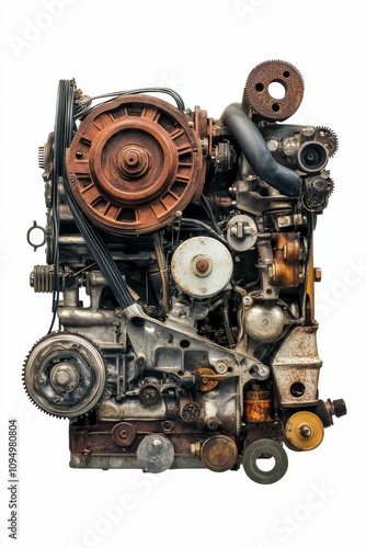 Rusty engine parts, disassembled, arranged.