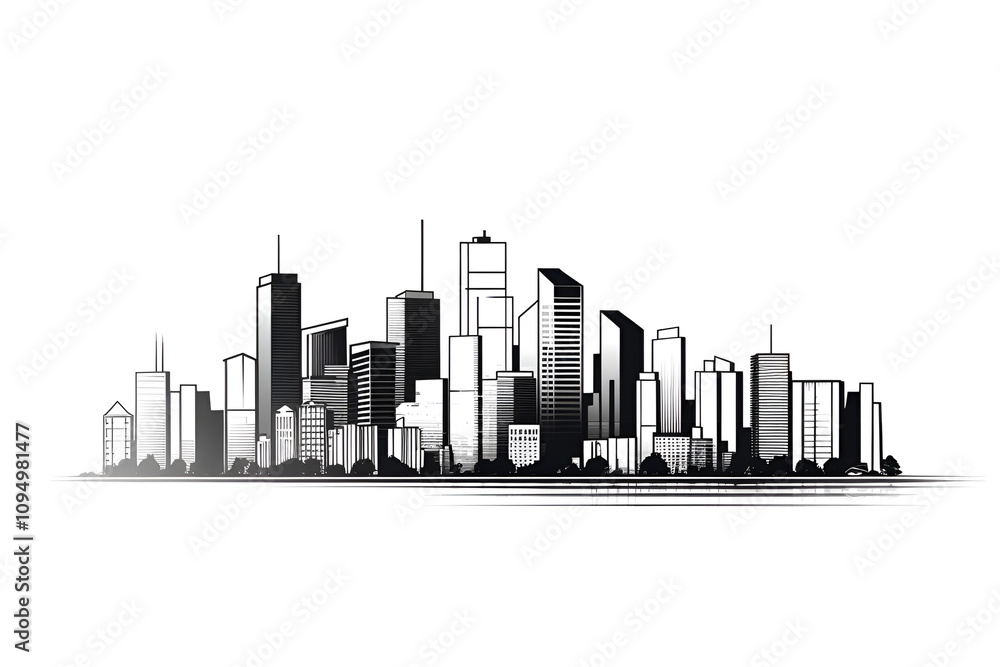 Fototapeta premium Black and white city skyline silhouette with modern skyscrapers and urban landscape