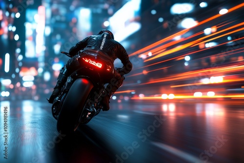 A motorcyclist rides through a neon-lit urban street at high speed, capturing the essence of adrenaline, modern transportation, and futuristic city life at night. photo