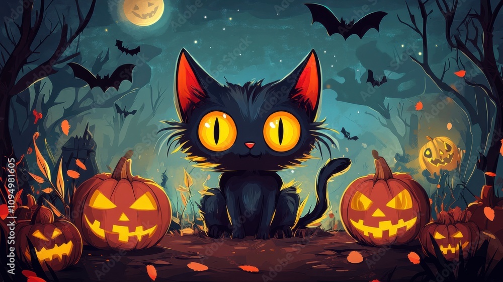 Illustration of a cartoon cat monster dressed for Halloween