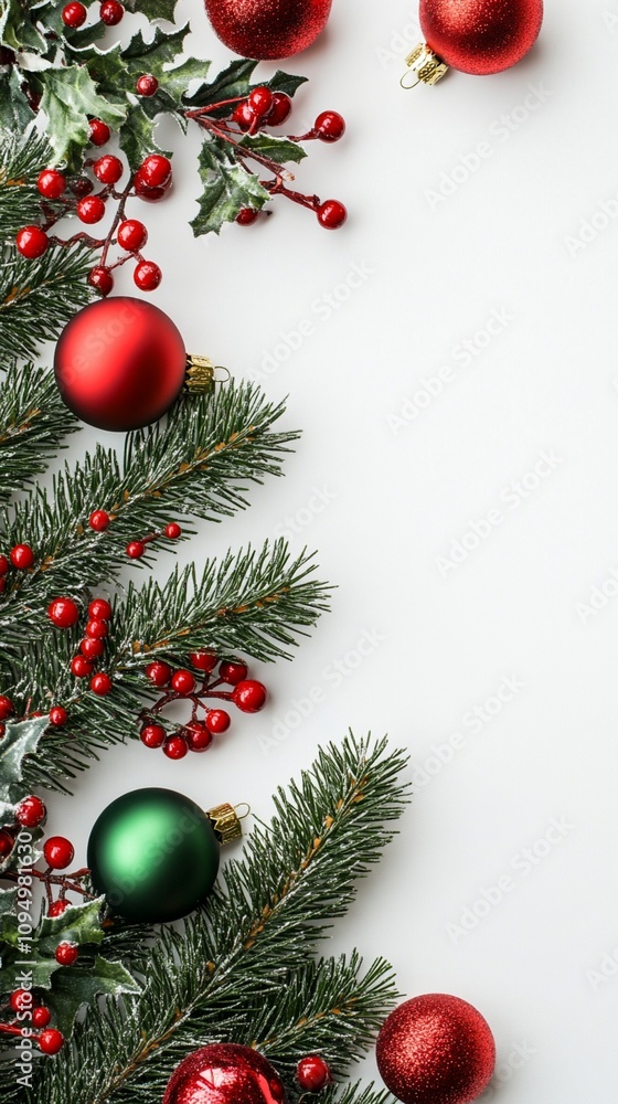Festive Christmas border with evergreen branches, shiny red and green ornaments, and holly berries on white background. Perfect for holiday cards or invitations. Festive Christmas border with evergreen branches, shiny red and green ornaments, and holly berries on white background. Perfect for holiday cards or invitations.
