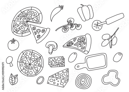 Pizza doodle set. Italian food. Clip-art for pizzeria and cafe. Hand drawn sketch Vector illustration