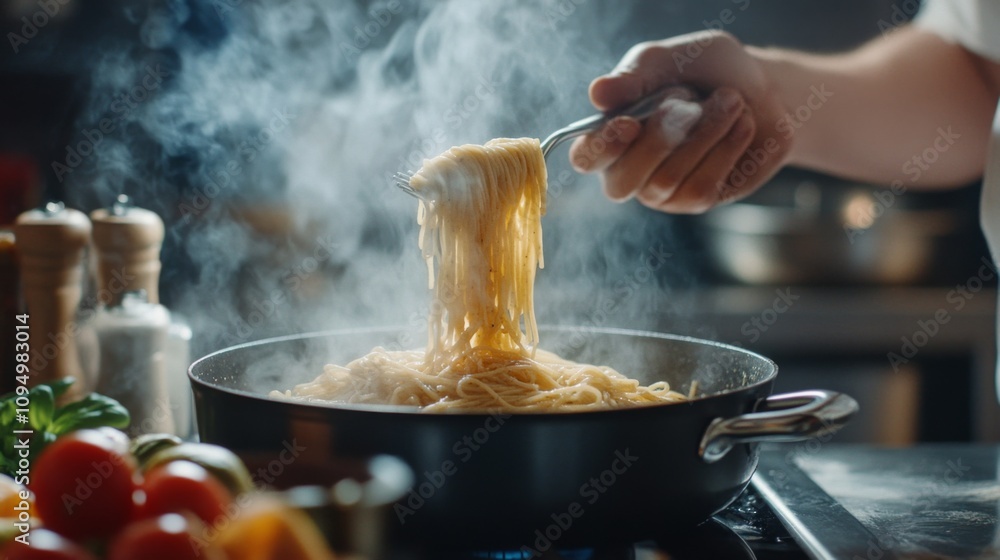 Stirring pasta in kitchen Stirring pasta in kitchen