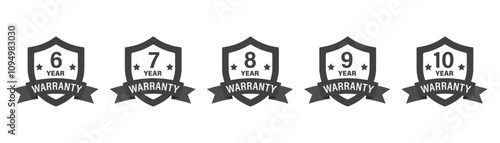 Collection of warranty numbers 6, 7, 8, 9 and 10 years. Black shield symbol with label, Set of warranty logo design for advertising and banner, Vector illustration.