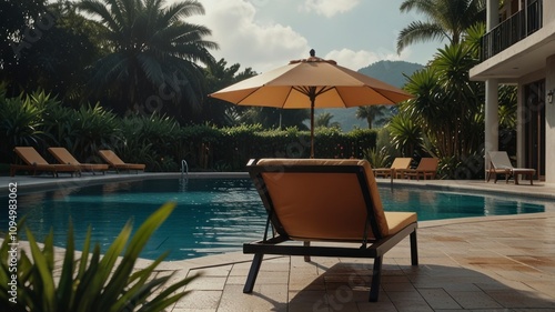 Serene poolside lounge chair and umbrella at a tropical resort.