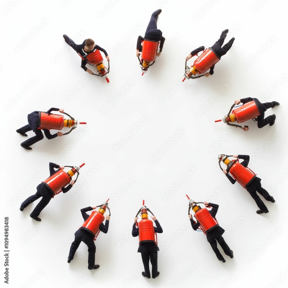 Men in suits carry fire extinguishers in circle. Men in suits carry fire extinguishers in circle.