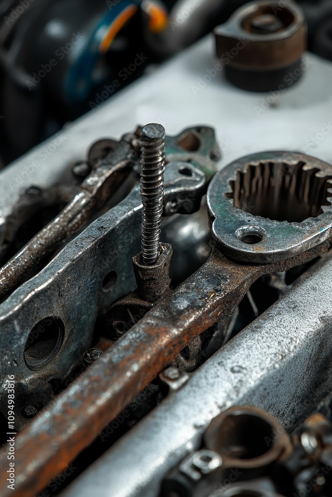 Rusty engine parts, threaded bolt, close-up view. Rusty engine parts, threaded bolt, close-up view.