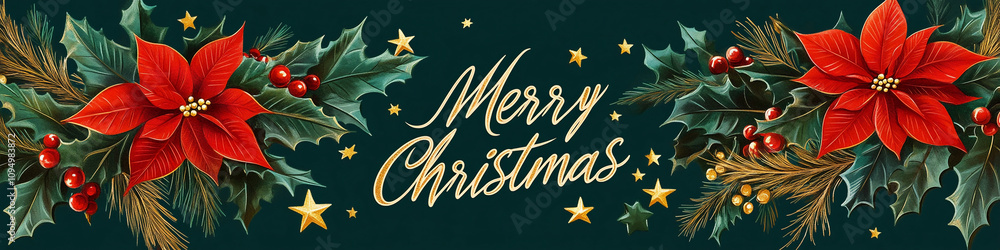 Obraz premium holly mistletoe and berries in green background web header merry christmas celebrations horizontal banner