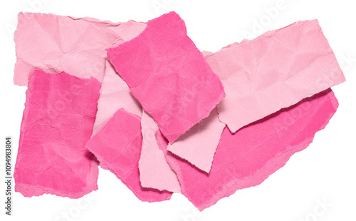 Stack of colorful pink crumpled wrinkled crushed pieces scraps, stripes or snippets of torn paper, isolated png transparent background design element