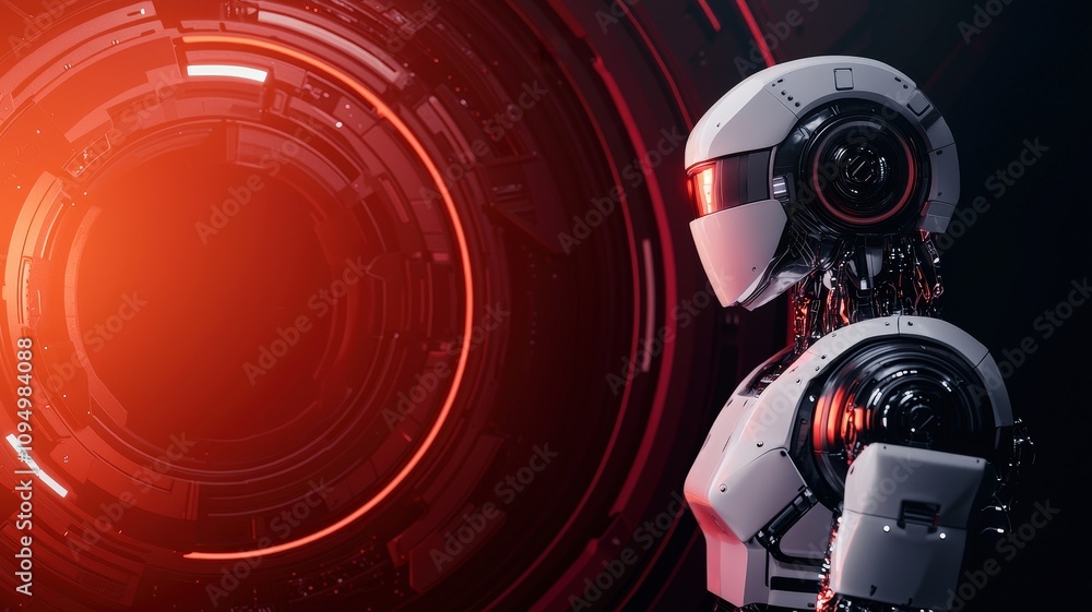 anti tracking with privacy. A sleek, futuristic robot stands against a glowing red circular backdrop, showcasing advanced technology and design. anti tracking with privacy. A sleek, futuristic robot stands against a glowing red circular backdrop, showcasing advanced technology and design.