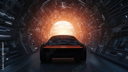 anti tracking with privacy. A sleek car emerges from a futuristic tunnel, illuminated by a glowing light, suggesting adventure and advanced technology. photo