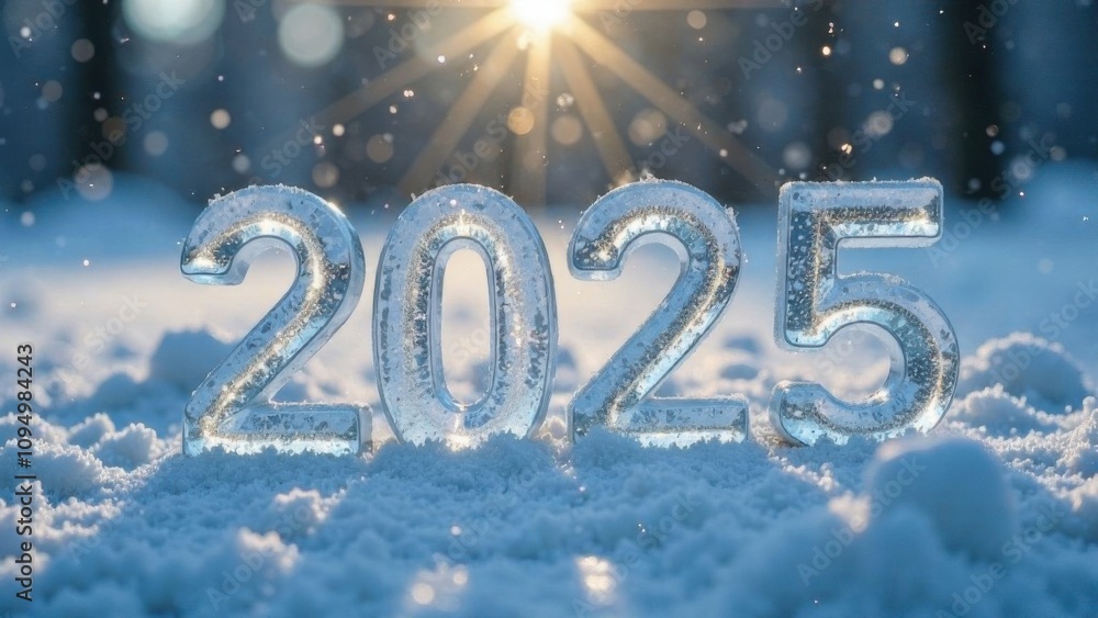 Ice number “2025” on a shiny snowy background with blurred sun rays, photo outside on New Year's Eve, snowy morning with snowflakes, shadows and bokeh Ice number “2025” on a shiny snowy background with blurred sun rays, photo outside on New Year's Eve, snowy morning with snowflakes, shadows and bokeh