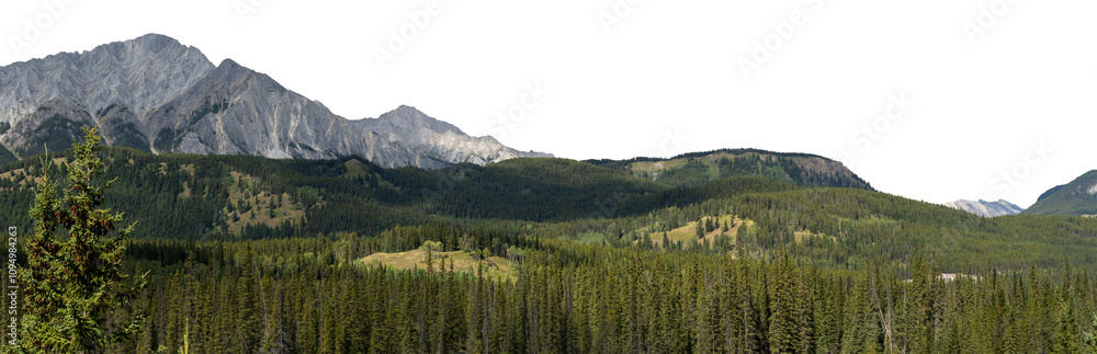 Panorama of a mountain scene with an evergreen forest in the midground. Transparent sky. Banff
Panorama of a mountain scene with an evergreen forest in the midground. Transparent sky. Banff