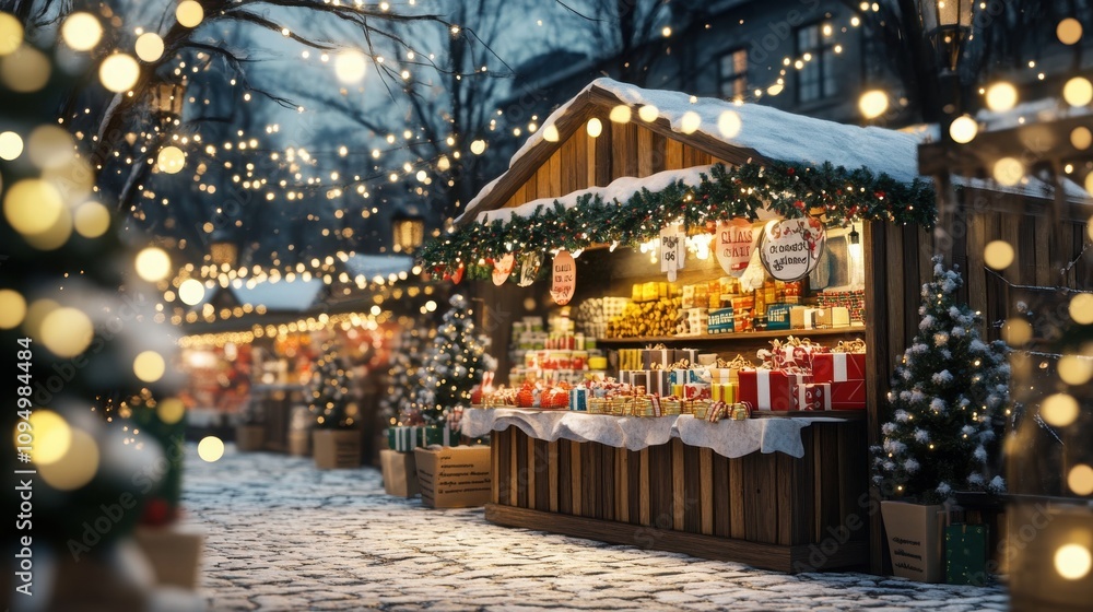 A festive market scene adorned with twinkling lights, decorated stalls, and a snowy pathway, creating a cozy winter holiday atmosphere. A festive market scene adorned with twinkling lights, decorated stalls, and a snowy pathway, creating a cozy winter holiday atmosphere.