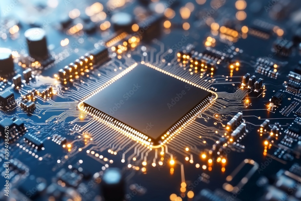 A close-up view of a microchip on a circuit board reveals detailed glowing connections, epitomizing the intricacies of modern technology and electronics. A close-up view of a microchip on a circuit board reveals detailed glowing connections, epitomizing the intricacies of modern technology and electronics.