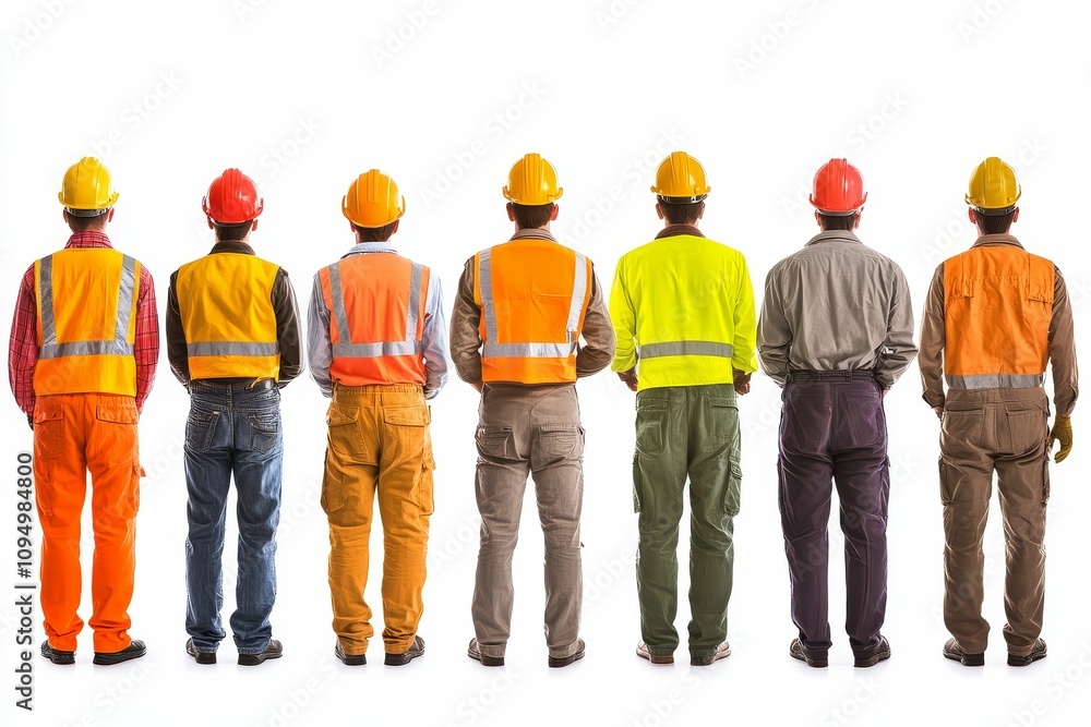 Seven construction workers, backs to camera. Seven construction workers, backs to camera.
