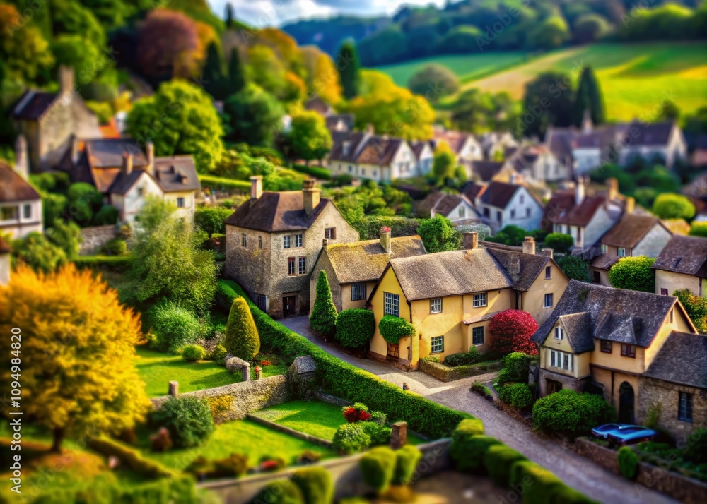 Obraz premium Enchanting Tilt-Shift Photography of an Old Village Surrounded by Lush Greenery, Capturing Timeless Charm and Serenity in a Miniature World Setting