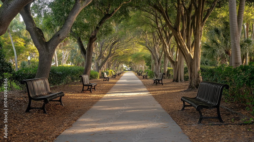 One pathway lined with trees and empty benches - Soft daylight, peaceful One pathway lined with trees and empty benches - Soft daylight, peaceful