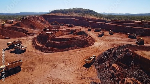 Aerial panoramic view of an expansive open pit mining site showcasing large scale excavation machinery dump trucks and earthmoving equipment working to extract natural resources from the rugged