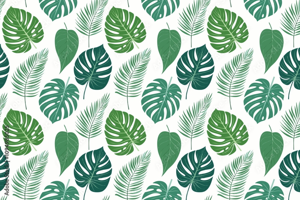 Tropical Foliage and Botanical Background with Monstera and Palm Leaves - Hand-Drawn Exotic Forest Wallpaper Tropical Foliage and Botanical Background with Monstera and Palm Leaves - Hand-Drawn Exotic Forest Wallpaper
