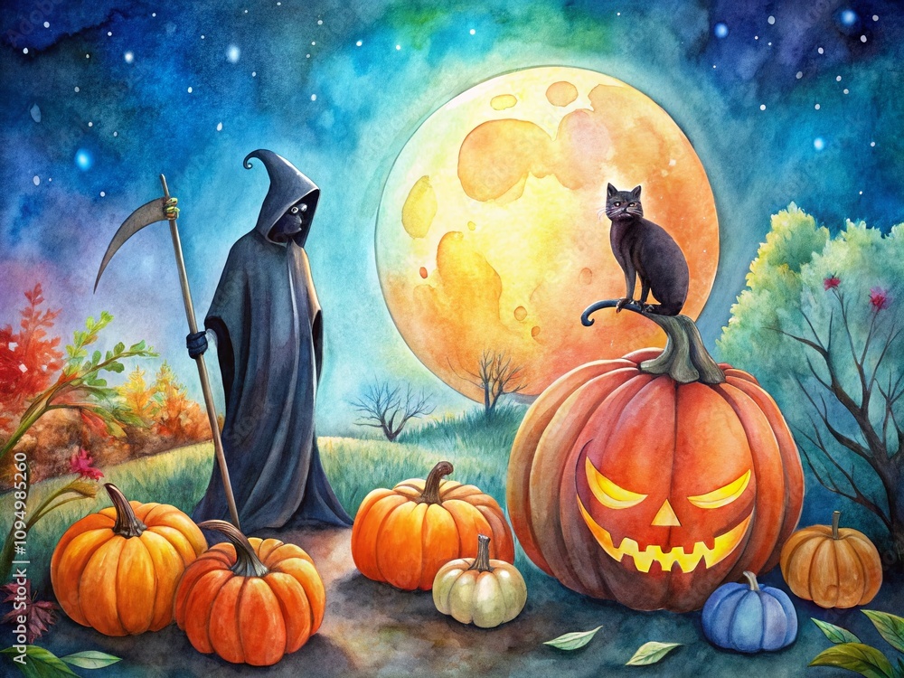 Enchanting Watercolor Halloween Scene Featuring Grim Reaper, Black Cat, and a Spooky Pumpkin in a Whimsical Night Setting Enchanting Watercolor Halloween Scene Featuring Grim Reaper, Black Cat, and a Spooky Pumpkin in a Whimsical Night Setting