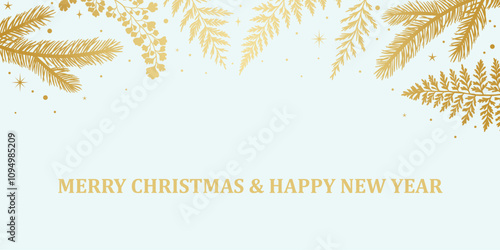Merry Christmas and happy new year greeting, gold foliage winter holiday card template design