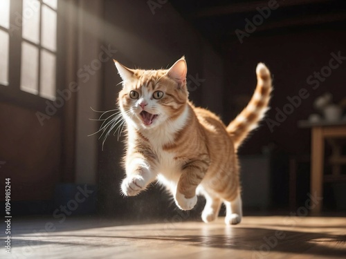 Playful Ginger Tabby Cat Running Indoors in a Sunlit Room