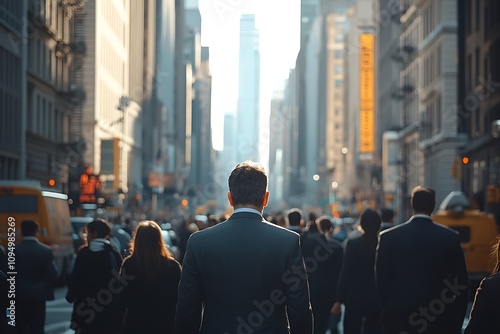 African American Businessman Back View, Sunlit Urban Street, Blurred Background