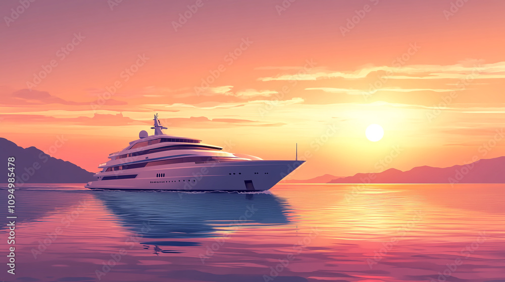 Luxury cruise yacht sailing at sunset near tranquil mountains and calm waters Luxury cruise yacht sailing at sunset near tranquil mountains and calm waters