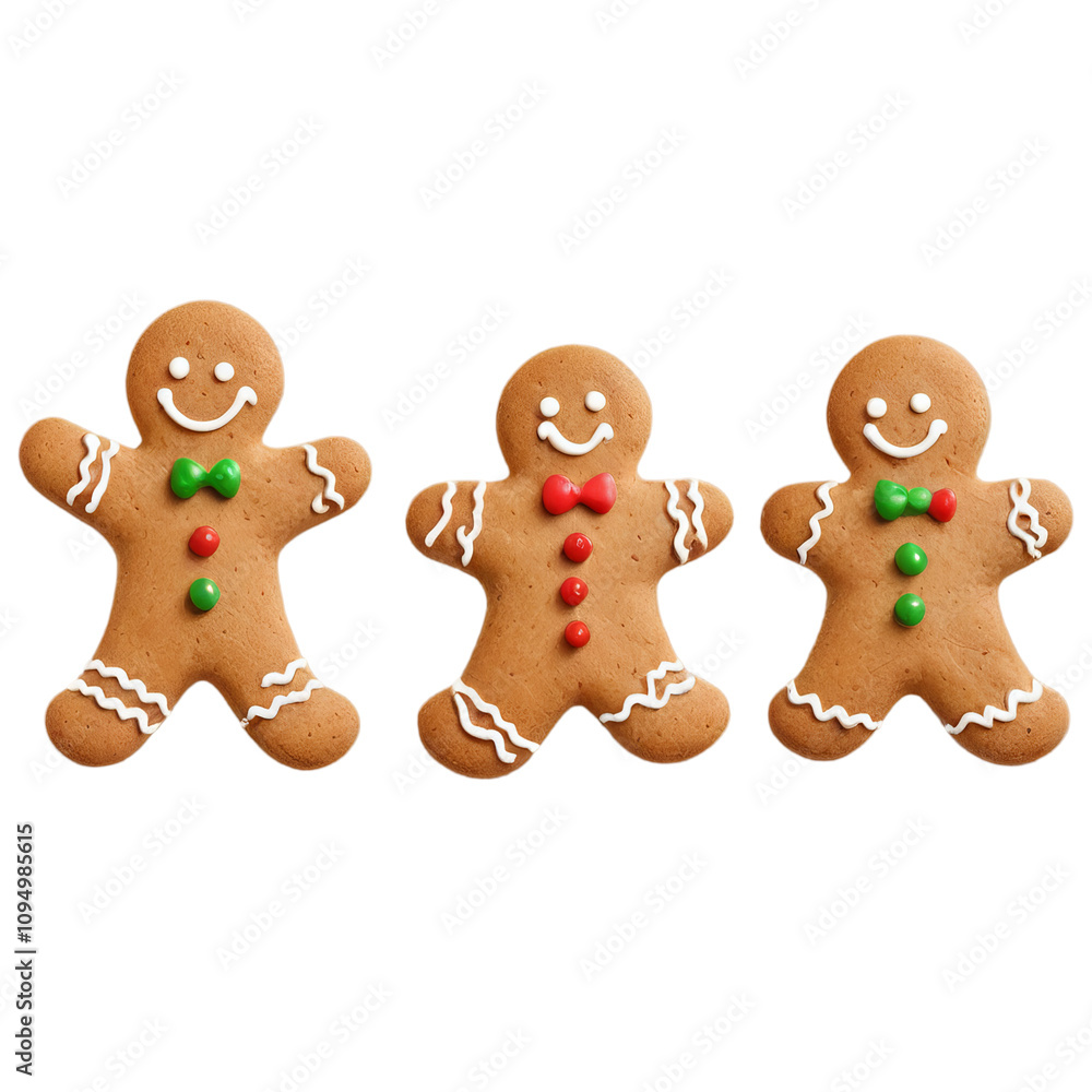 Three cheerful gingerbread men cookies, each with unique bow ties and buttons, create a festive holiday scene. Three cheerful gingerbread men cookies, each with unique bow ties and buttons, create a festive holiday scene.