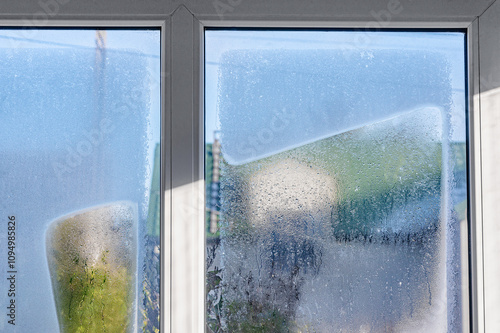 Drops of condensation on the metal-plastic window. Fragment of a plastic window with water condensation on the glass, temperature difference, cooling, humidity in the room.
