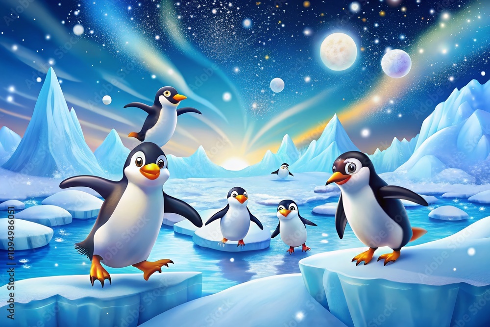 Obraz premium Engaging Drone Photography of Playful Cartoon Penguins on an Icy Landscape, Perfect for Children's Books, Animation Projects, and Winter-Themed Graphics