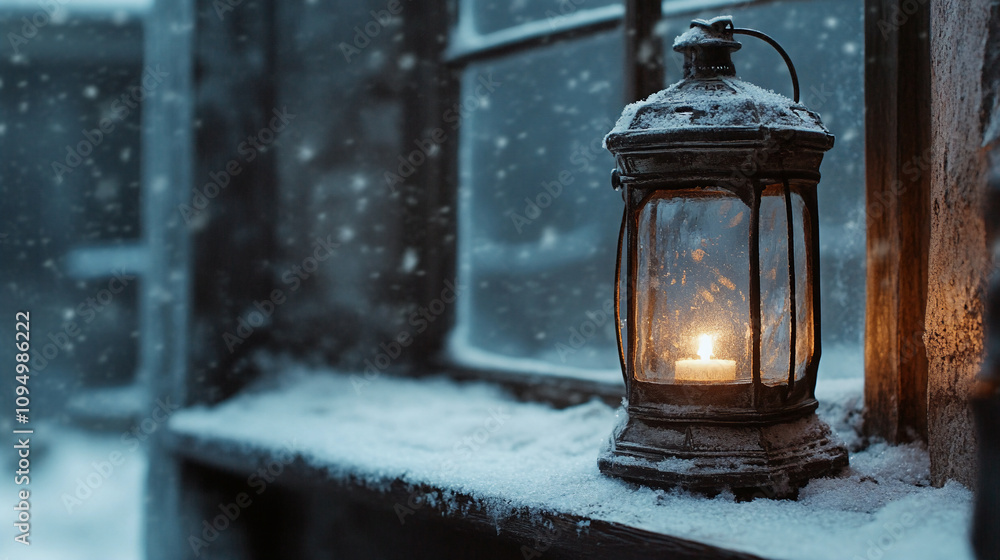 candle lantern burning in winter in front of a frosty window snowing in outside candle lantern burning in winter in front of a frosty window snowing in outside