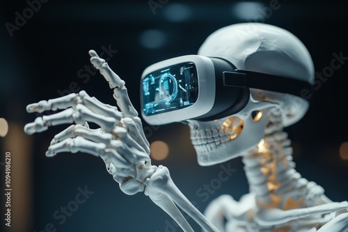 A skeleton dons a virtual reality headset, merging the boundary between life and technology, symbolizing innovation and the futuristic evolution of human experiences. photo