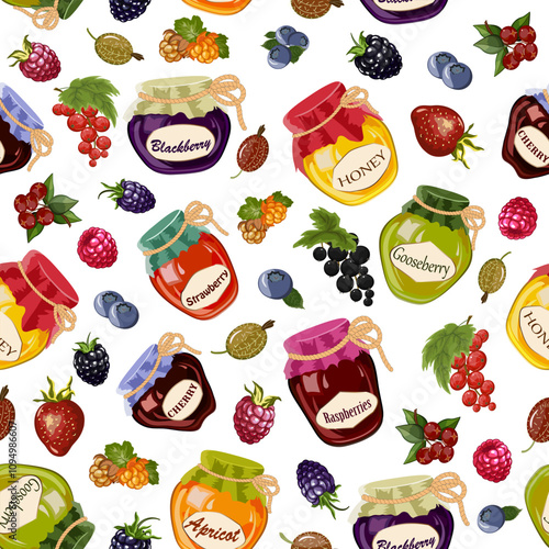 Pattern with jam and berries.Vector pattern with jam in jars and bright ripe berries on a transparent background.