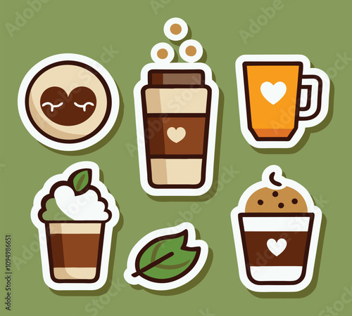 Adorable Collection of Playful Coffee Stickers Featuring Cute Mugs, Refreshing Drinks, and Sweet Treats Perfect for All Your Creative Projects