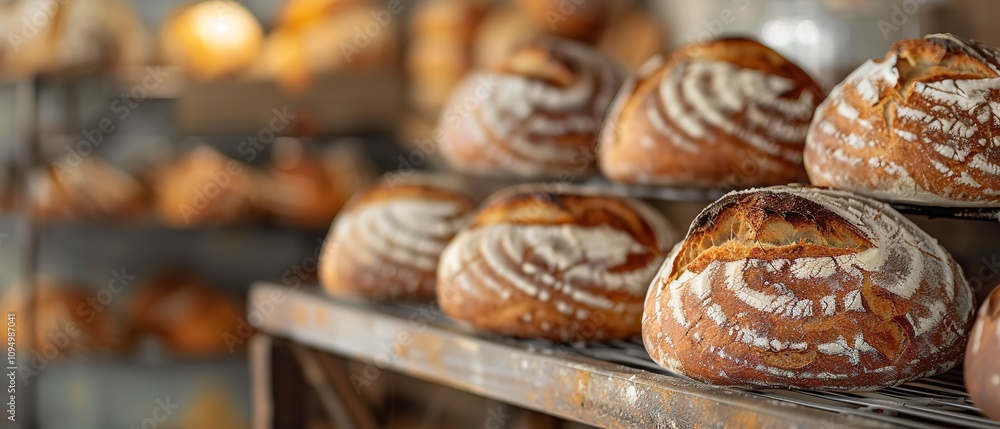 A close-up of soft baked sourdough breads chilling on a metal rack including a large text area and a hazy bakery backdrop, Generative AI. A close-up of soft baked sourdough breads chilling on a metal rack including a large text area and a hazy bakery backdrop, Generative AI.