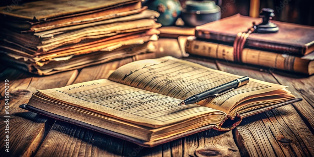 Obraz premium Enigmatic Ledger of Secrets: A Captivating Maltilda Ledger Inspired Still Life, Showcasing Intricate Details and Textures with a Balanced Composition in the Rule of Thirds