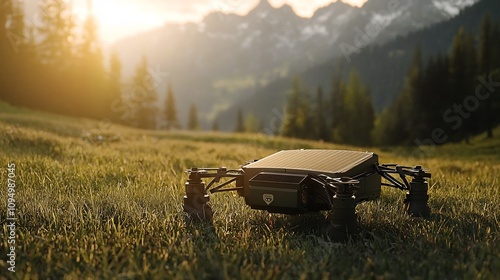 Autonomous off grid energy harvesting device in a scenic mountain landscape showcasing advancements in renewable technology for remote and sustainable power solutions photo