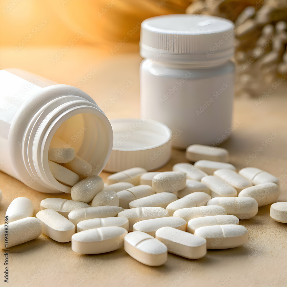 White pills spilling from open plastic bottles on a light brown surface. White pills spilling from open plastic bottles on a light brown surface.