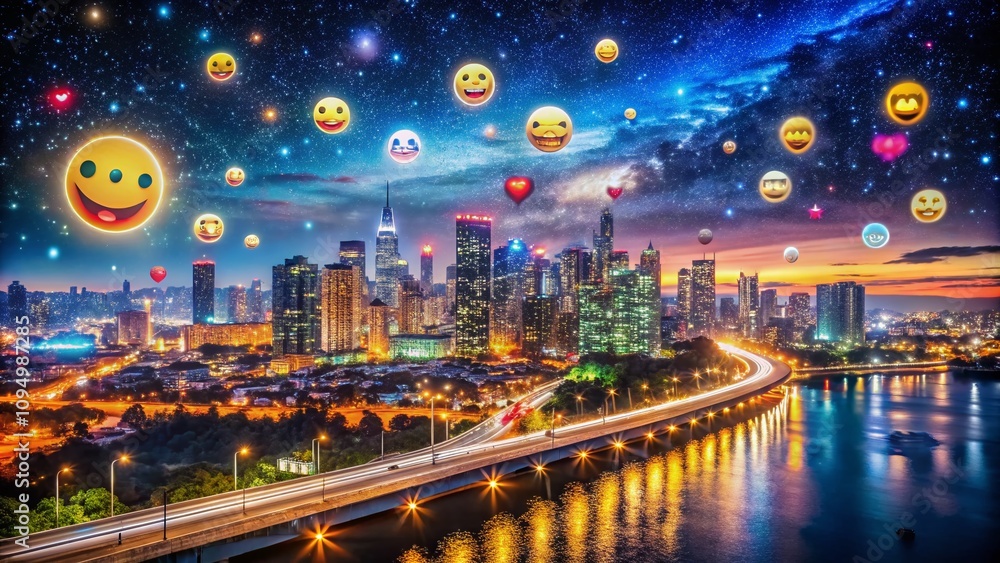 Obraz premium Enigmatic Night Photography Capturing the Essence of Wonder with Emoji Expressions Illuminated by City Lights and Starry Skies in a Dreamy Atmosphere