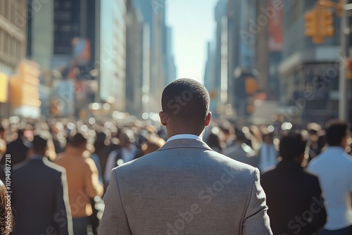 African American Businessman in City Crowd, Blurred Background1