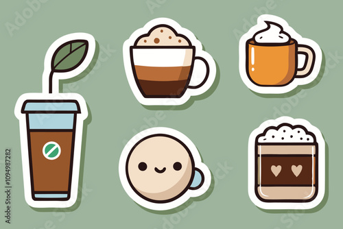 Charming Collection of Coffee and Beverage Stickers: Whimsical Designs Featuring Cute Mugs and Refreshing Drinks Perfect for Your Creative Projects