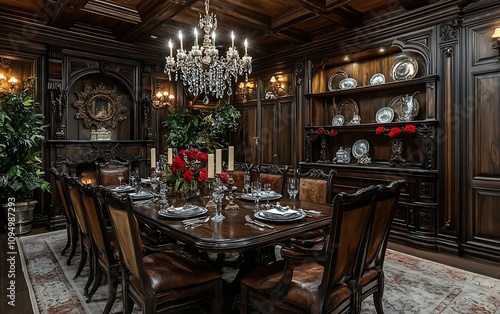 Elegant dark wood dining room with chandelier, table setting, and ornate decor.