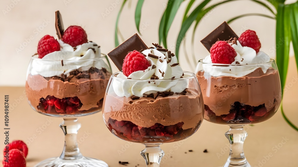 Decadent chocolate mousse with whipped cream topping, dark chocolate shavings, and fresh raspberries served in elegant dessert glasses Decadent chocolate mousse with whipped cream topping, dark chocolate shavings, and fresh raspberries served in elegant dessert glasses