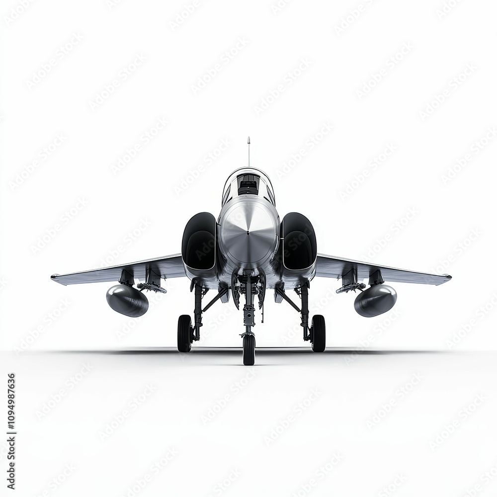 Fototapeta premium Silver fighter jet, front view, white background.