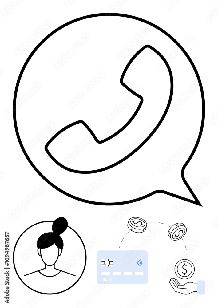 Large phone handset in speech bubble, user profile, dollar coins, credit card, hand. Ideal for customer service, communication, finance apps, support systems user interactions payment methods