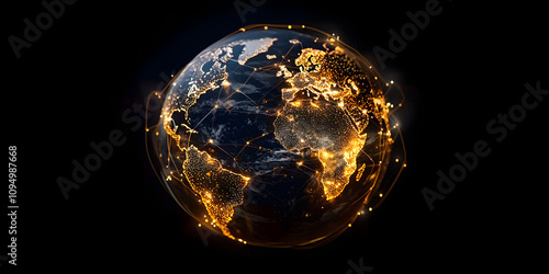 Fototapeta Naklejka Na Ścianę i Meble -  Global network lights glowing on digital Earth globe, world data connectivity, gold on black background